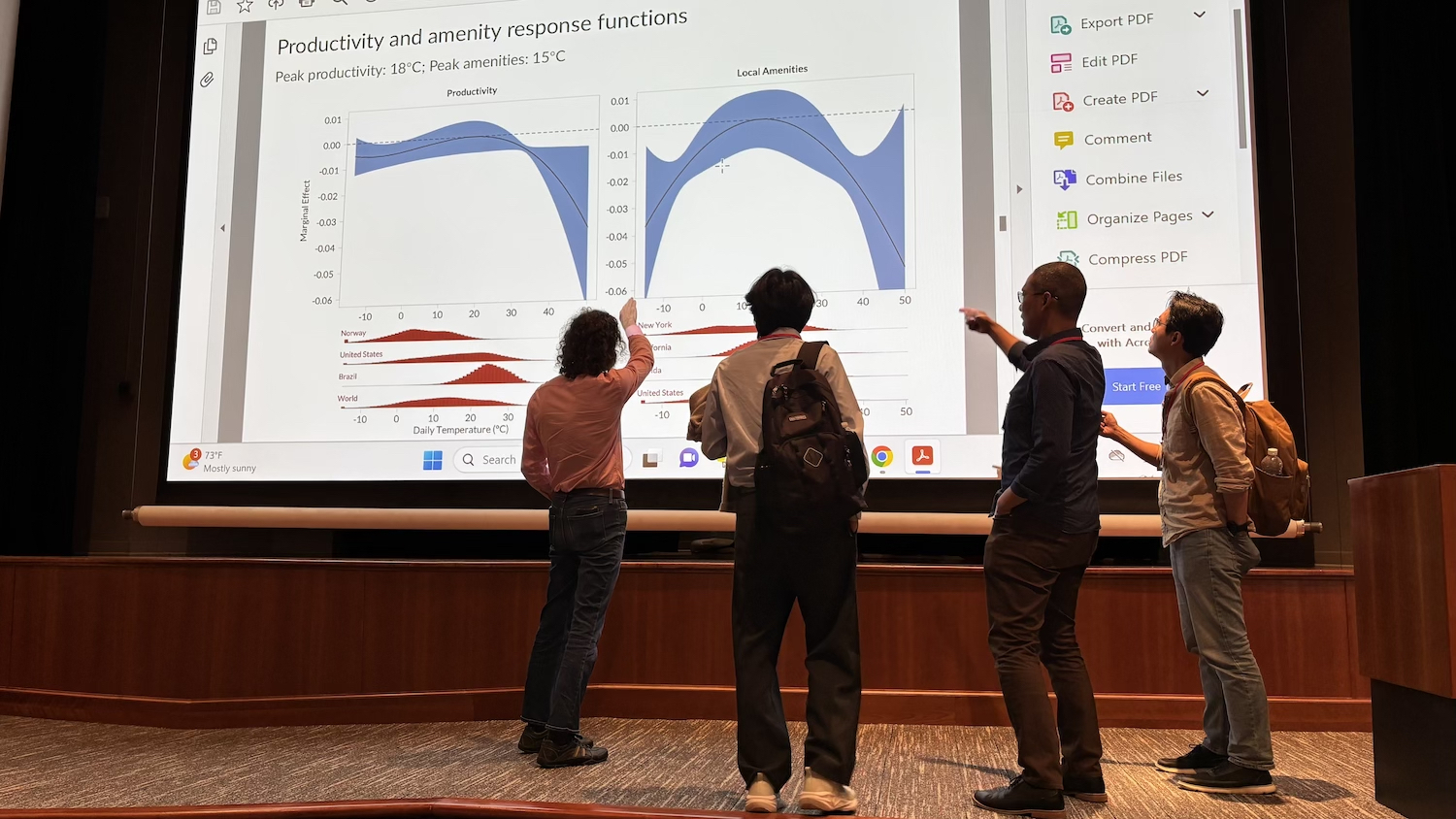 Four men, backs to camera, point to a large screen with charts showing how productivity and amenities change as temperatures rise.